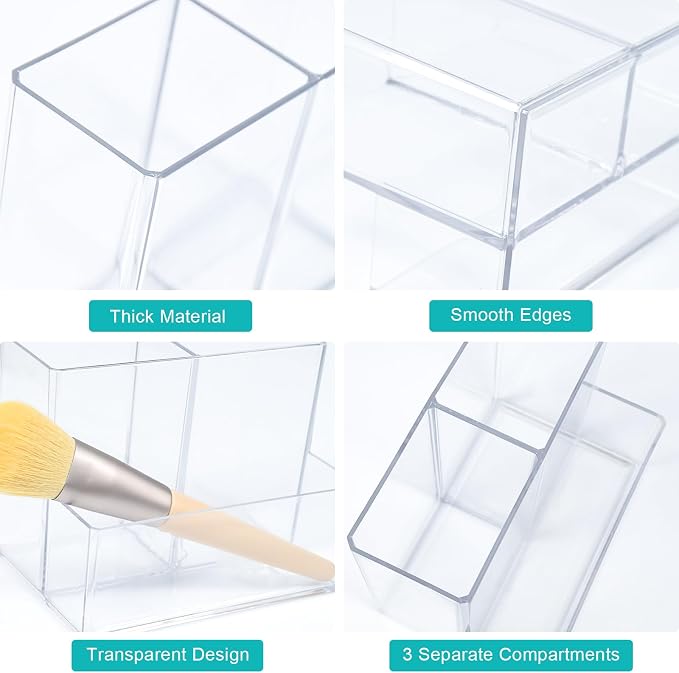 SAYEEC 2 Pack Acrylic Pen Holder Magnetic Dry Erase Marker Holder with 4 Magnet Sheets 3 Compartments Clear Desk Makeup Brush Organizer Pencil Cup Caddy for Fridge Whiteboard Cosmetic Office School