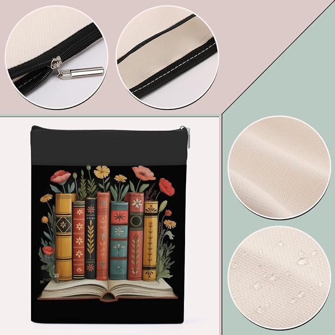 Floral Book Sleeve, Book Lovers Gifts Sleeve with Zipper & Front Pocket, 11.4x8.8 Inch Canvas Books Cover Protector Bookish Gifts for Readers Librarian Women Teacher