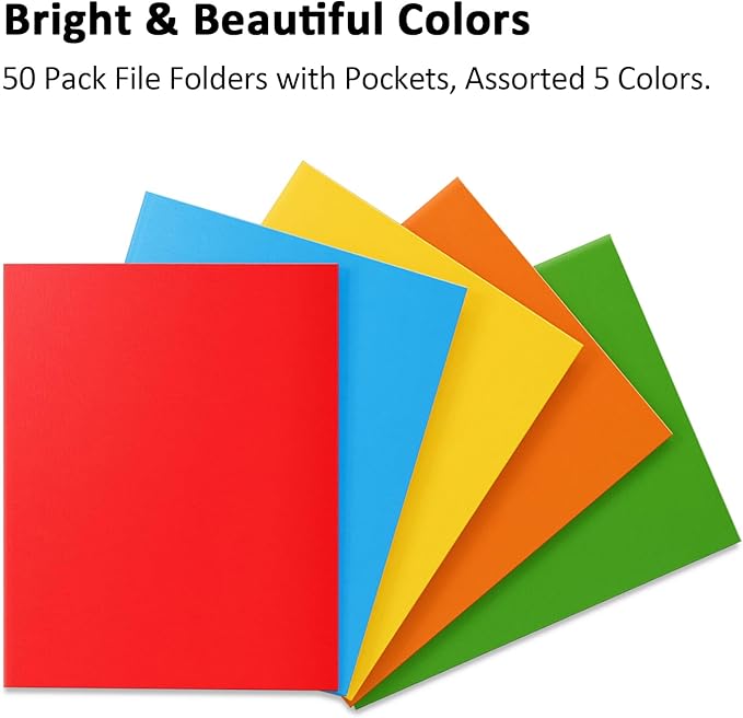 FUCDTEFC 50 Pack Pocket Folders, Folder with Pockets, 5 Assorted Colors Letter Size Heavy Duty 2 Pocket Folders, Paper File Folder for School Office Home Business