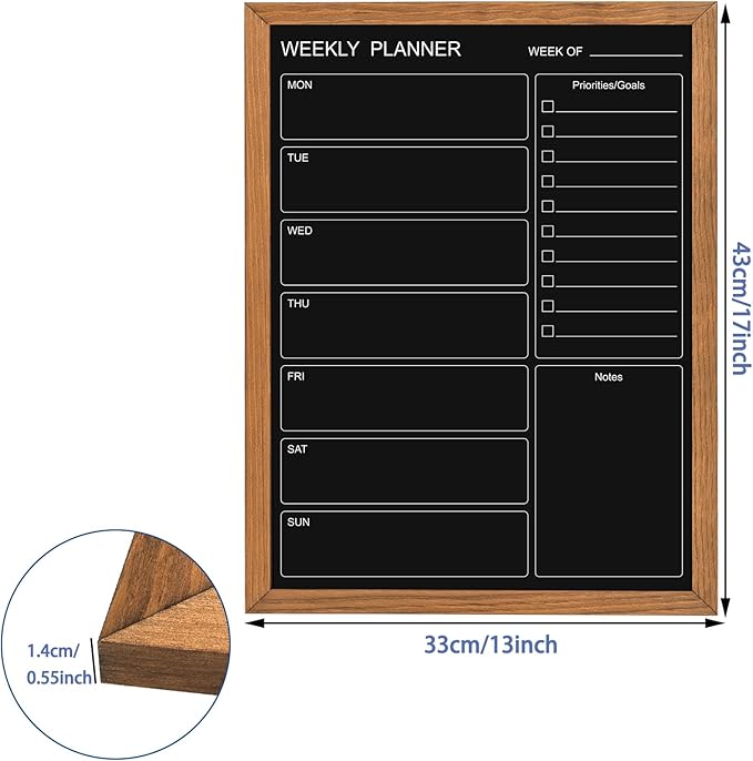 Calendar Weekly Chalkboard, 13" * 17", Magnetic Surface Rustic Brown Solid Pine Wood Frame Black Board for Office, School and Home(ZLHB-QZ-3343)