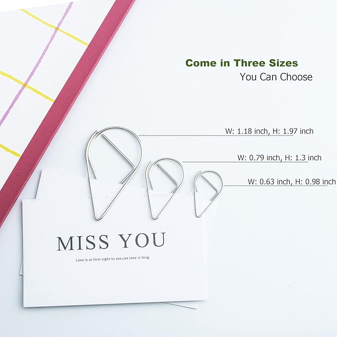100 Pieces Silver Cute Paper Clips Medium, Smooth Stainless Steel Drop-Shaped Wire Paperclips for Office Supplies Wedding Women Girls Kids Students by VENCINK (1.3 inch/33 mm)