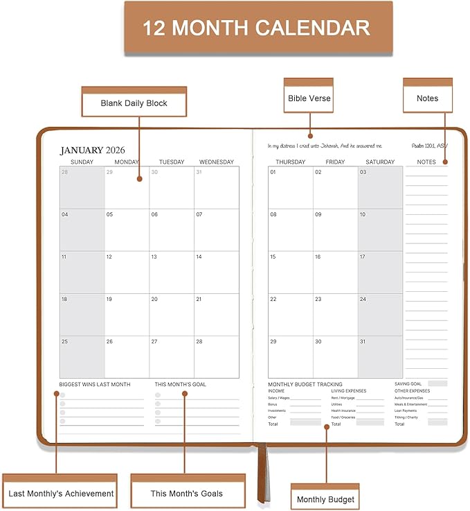 2026 Planner - Christian Planner 2026, JAN. 2026 - DEC. 2026, 5.7" x 8.4", 2026 Weekly Monthly Planner with Stickers, Daily Bible Planner 2026, Pen Holder, Back Pocket, Leather Hardcover - Brown