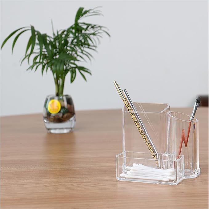 Clear Acrylic Pencil Pen Dry Erase Marker Holder Cup, Makeup Brush Holder Acrylic Desk Accessories, Plastic Silverware Utensil Holder for Office, Party Bedroom Bathroom Dorm (Clear, 3 Compartments)