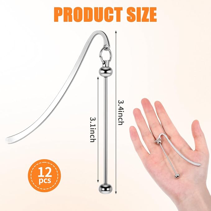 12 Pcs Beadable Bookmarks DIY Metal Bookmark Bar, Metal Beadable Blank Bar Beaded Bookmark Craft Jewelry Pendant DIY Modern, Charm Gifts for Book Lovers, Students, Teachers Office Supplies(Silver)