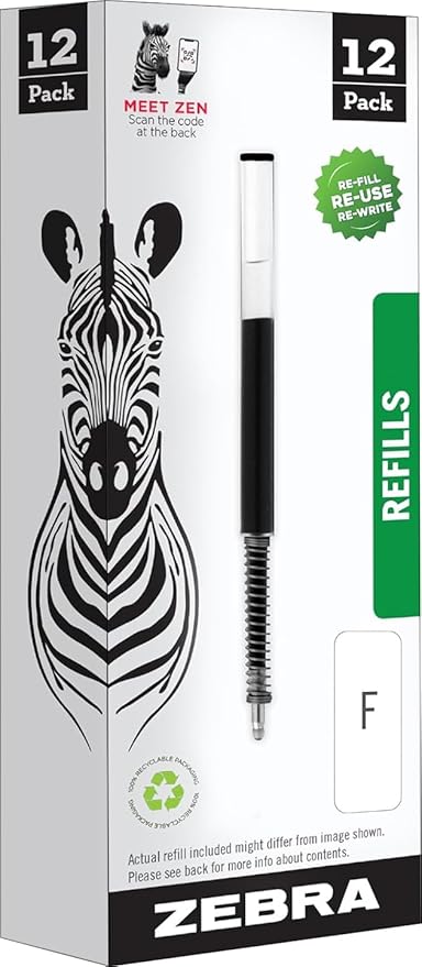 Zebra Pen Ballpoint F-Refills For F-301, F-301 Ultra & 301 A Pens, Fine Point, 0.7 mm, Black, 12 pack