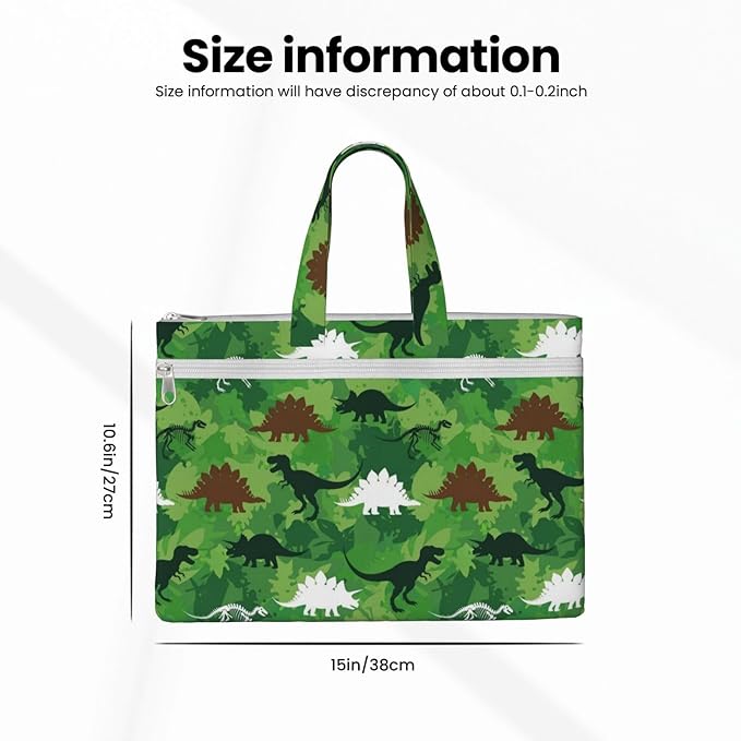 Canvas Zipper File Pouch with Handle, Green Dinosaurs Camouflage Foldable Waterproof Document Organizer for Books and Paper Storage