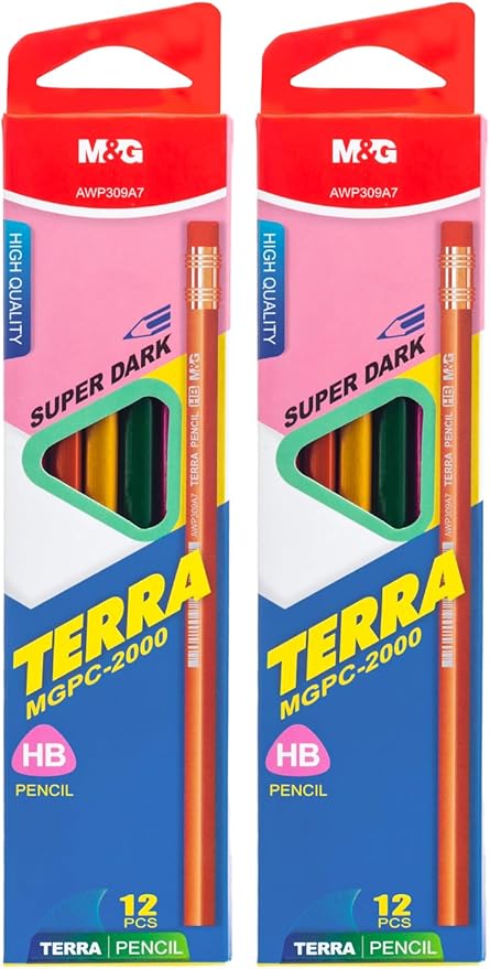 M&G Terra Series 24 Pack HB Triangular Wood-Cased Pencils, Unsharpened with Matching Erasers, Smooth Writing Break-Resistant Core, 6 Solid Metallic-Tone Colors for School Office Classroom Supplies