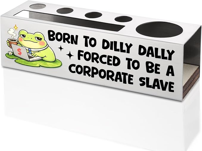FOKCBOCM Funny Office Pen Holder with Frog Design, Stainless Steel Desk Organizer Gift for Coworker, Sarcastic Corporate Humor Workspace Decor, Work Life Joke Desk Accessory-DS115
