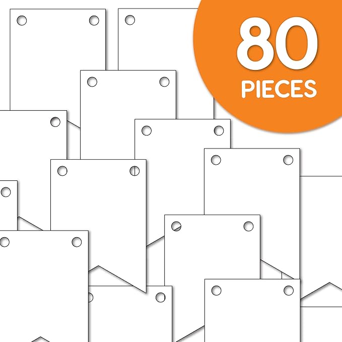 80 pcs Paper DIY Banner Flags White Pennant Banners, Large (3.75 x 5 in), US Made Card Stock Punch Out Blank Pennants for Party Decorations, Kids Birthdays, Classroom, Celebration, Festive Parties