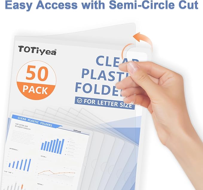 TOTiyea 50 Pack Clear Folder, 7Mil Plastic L-Type Folders, Clear Copy Safe Project Pocket, Fits Letter Size 8.5x11 Paper, Transparent