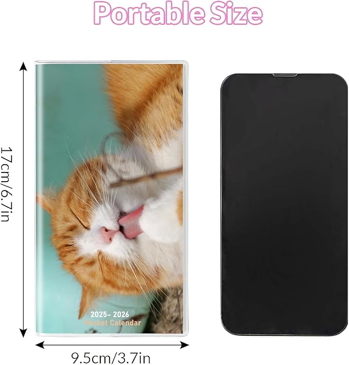 Pocket Calendar 2025-2026 Planner, Daily Weekly Monthly Planner Jan 2025 to Dec 2026 (3.7" x 6.7") Page Size, Daily Planner 2025 for Purse - Cute Cat
