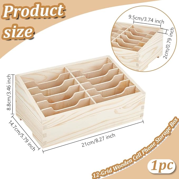 BENECREAT 12-Grid Wooden Cell Phone Holder, Multifunctional Mobile Phone Organiser, Desktop Organiser for Classroom Office Desktop Storage, Antique White