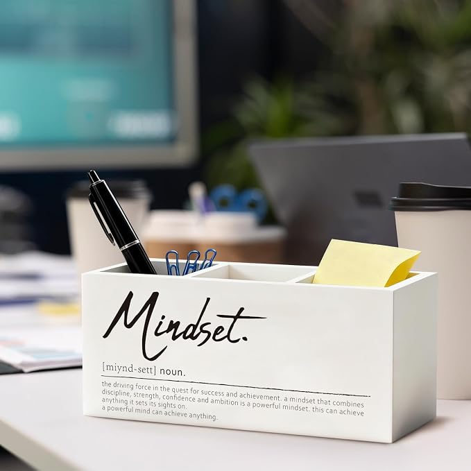 Inspirational Pen Pencil Holder, Motivational Gifts for Women Men Wood Desk Organizer and Accessories, Mindset Definition Pen Holder Desk Organizer for Office Tabletop