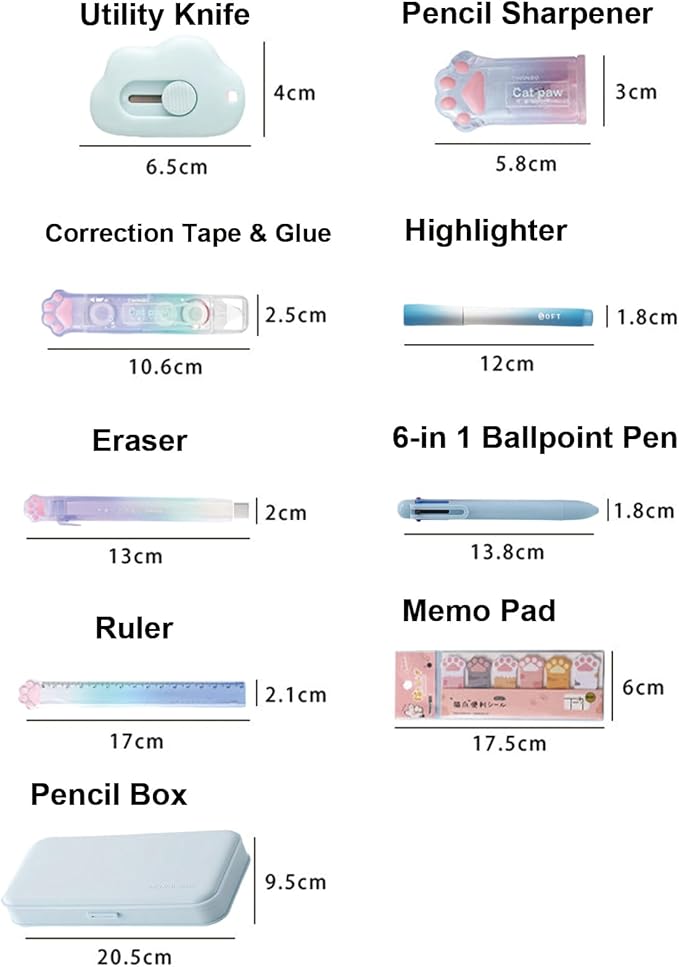 MOZXIRZ 9 Pcs Cute Blue Stationery Set Cat Paw School Supplies Kawaii Office Supplies Including Pens Highlighter Pencil Sharpener Eraser Correction Tape Ruler Sticky Flag Tabs (Gradient Blue)