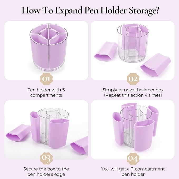 KONVINIT Purple Pen Holder for Desk, 5 Slots 360° Rotating Pen Organizer, Cute Desk Organizers and Accessories for School, Home, Office and Art Supply