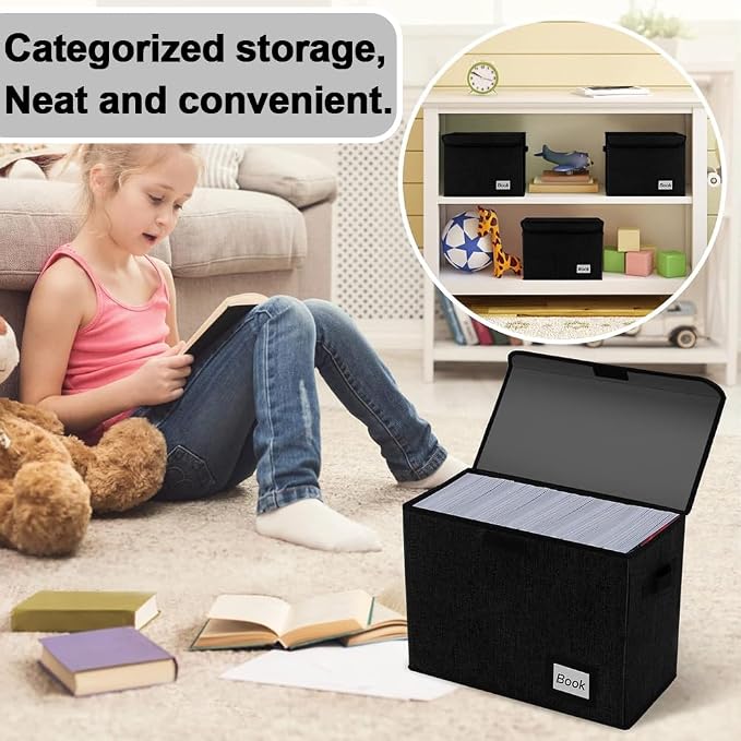 Comic Book Storage Box 15.5" X 7.5" X 11.3", Collapsible Holds 160-180 Comic Book Organizer Heavy Duty Comic Book Bin Container (2 pack, black)