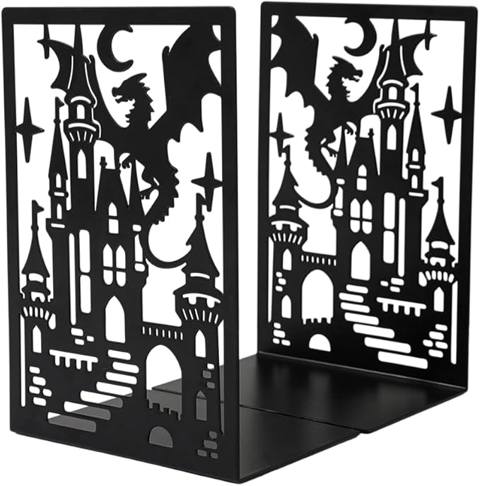 Book Ends, Bookends, Book Ends for Shelves, 1Pair Non Skid Metal Book Divider Decorative Holder, Abstract Art Desgin Book Stopper Supports for Office, Home (Dragon D)