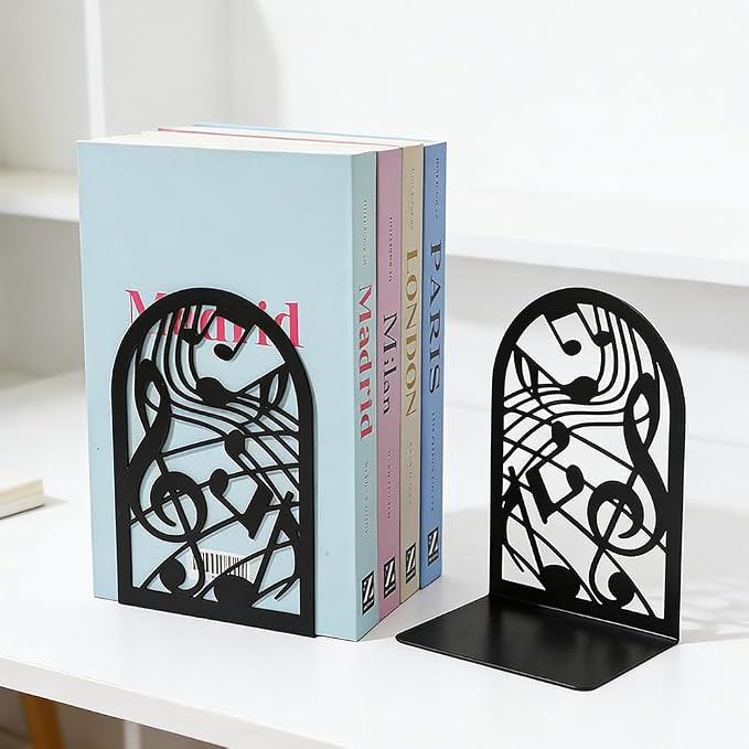 Book Ends, Bookends, Book Ends for Shelves, 2Pair Non Skid Metal Book Divider Decorative Holder, Abstract Art Desgin Book Stopper Supports for Office, Home (Music Note)