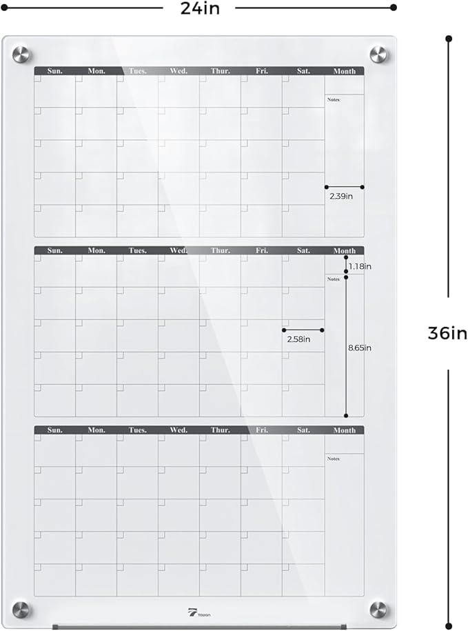 3-Month Vertical Layout 24'' x 36'' Magnetic Glass Dry Erase Calendar Board for Wall, Whiteboard Planner, Reusable Monthly Frameless Quarterly Whiteboard for Office, Home & Classroom with Accessories