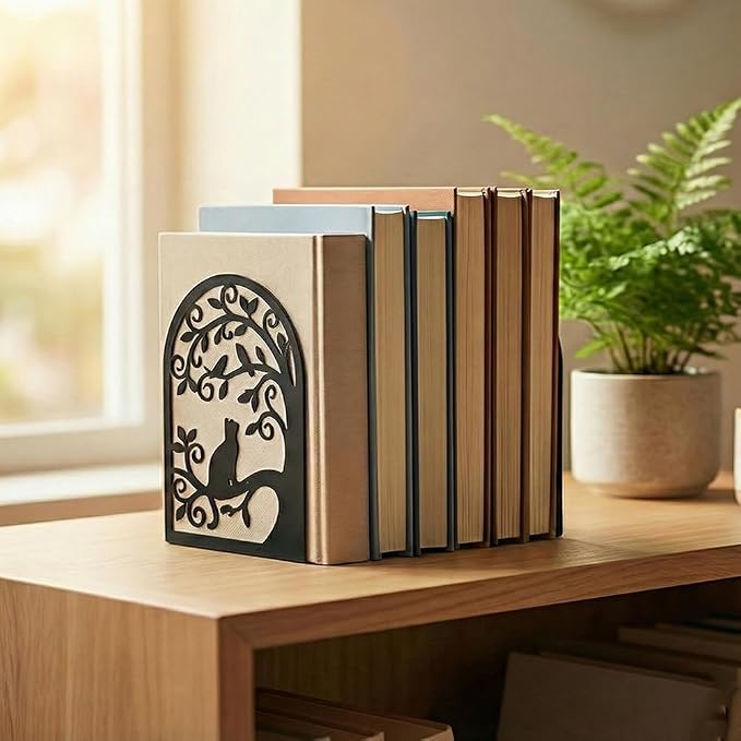 2 Pcs Metal Bookends, Unique Cat Book Ends for Shelves Sturdy Book Organizers and Decorative Books Accessories for Home Office and Library