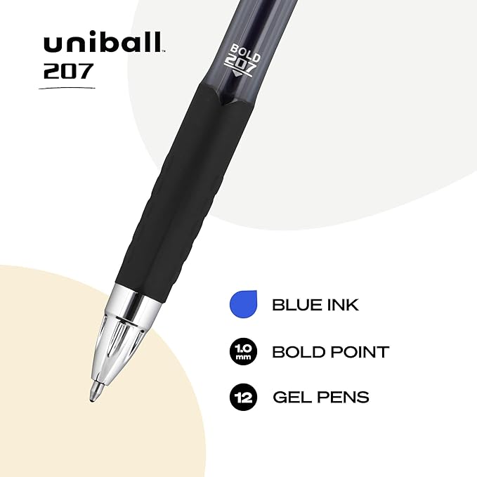 uniball Signo 207, 1.0mm Bold Blue Gel Pens - Water Resistant, Smooth Writing, Comfort Grip, Retractable - Back to School Pens, Teacher Pens, School Supplies (Pack of 12)