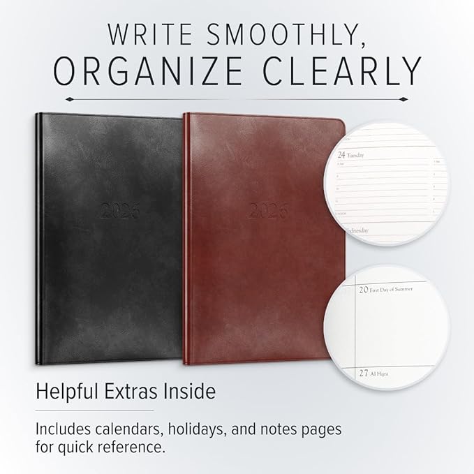 Gallery Leather Desk Hourly Weekly Monthly Planner 2025-2026, Elegantly Bound Calendar Planner and Notebook with Stylish Gold-Gilded Page Edges, 12 Months - Acadia Navy - 8 x 5.5 "