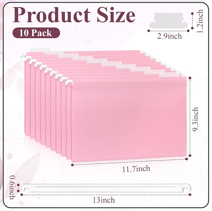 Letter Size Pink Hanging File Folders Hanging Document Folder Plastic Transparent Hanging File Folder for File Cabinets Document Filing (10, Pink)