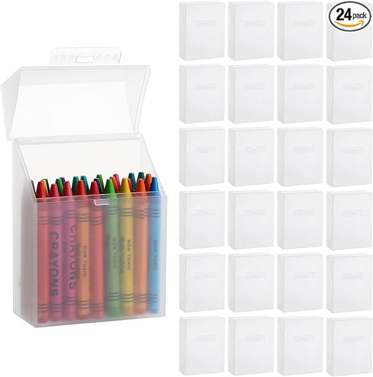 gisgfim 24 Pcs Plastic Clear Crayon Box Bulk Crayon Storage Organizer Stackable Holds 24 Crayons Boxes With Hinged Lid and Snap Closure for Pens School Office Supplies Organization