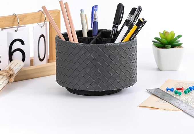 Rotating Remote Holder, PU Leather 360 Degree Rotating Desktop Organizer with 4 Compartments, Makeup Brush Holder Organizer for Vanity Desk, Grey PH118