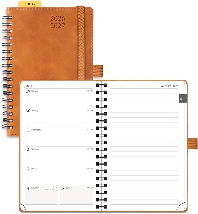 POPRUN Pocket Planner 2026-2027 (JUL 26-JUN 27), Purse Size 4" x 6.25", Small Pocket Calendar for Purse, Academic Weekly and Monthly Calendar with Ruler, Spiral Softcover, 100GSM - Brown