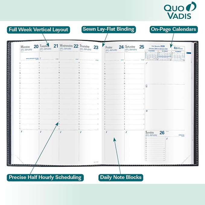 Quo Vadis 2026 Trinote - Weekly Planner - 13 Months, Dec. to Dec. - 7 x 9 3/8" - Smooth Faux Suede Texas Charcoal Black Cover - Productivity Appointment Planner