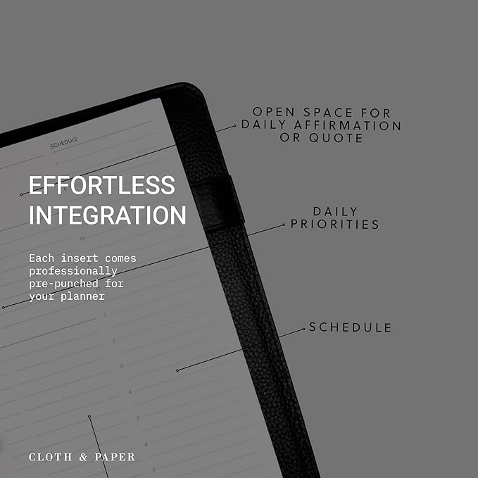 Cloth & Paper Daily Planner Inserts – A5 Size 6-Ring Punched Refill Pages – Undated 90 Pages (45 Double-Sided), Schedule 7AM–9PM, Priorities & Tasks – Minimalist Design for Productive Planning