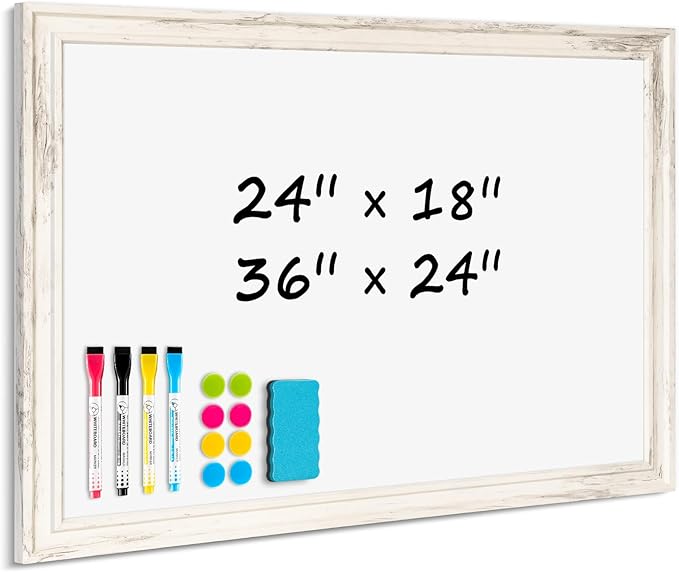 DOLLAR BOSS Magnetic Whiteboard for Wall 36" x 24" Vintage Wood Framed White Board Decorative Dry Erase Board for Home Office Shop Decor Display with 4 Markers, 8 Magnets, 1 Eraser, Vintage White