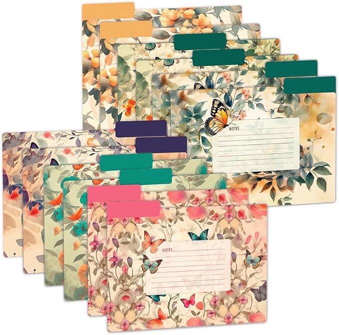 12pcs Decorative File Folders Letter Size, Butterfly Design Folders with Notes, Cute File Office Folders with Floral Patterns, 1/3 Cut Tab, Matte Paper Archival File Folders