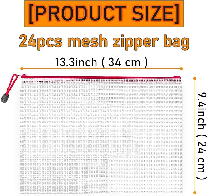 D-KINGCHY 24Pcs Zipper Storage Bags, Plastic Mesh Zippered Pouch for Organization, Waterproof Versatile Bags for Office Supplies School Travel (A4 Size 13.3''x9.4'', Assorted Color Zipper)