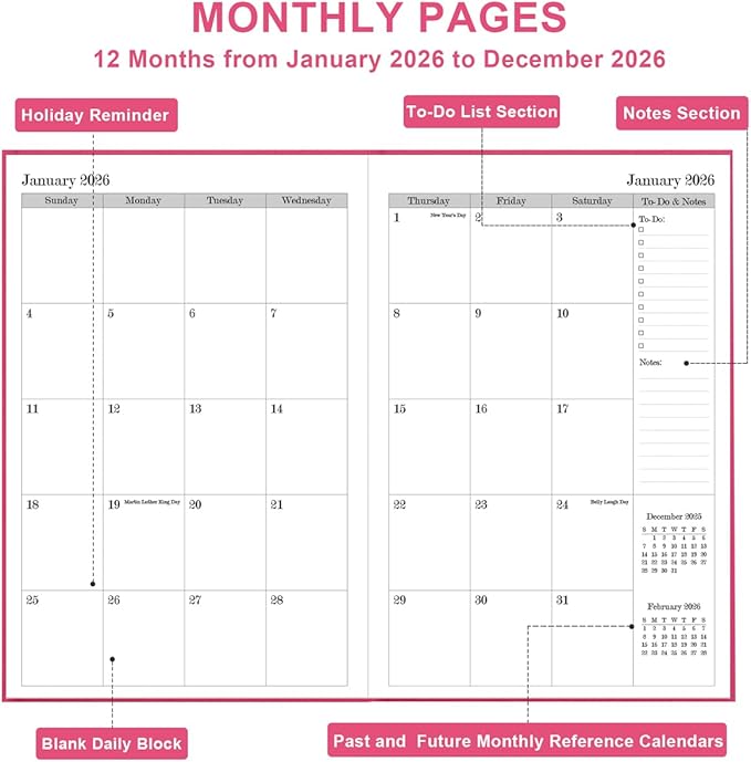 2026 Daily & Monthly Planner - 2026 Daily Planner One Page Per Day from January 2026 to December 2026, 5.8" x 8.3" Hourly Appointment Book Perfect Organizer Daily Life, Fabric Cover, Pink
