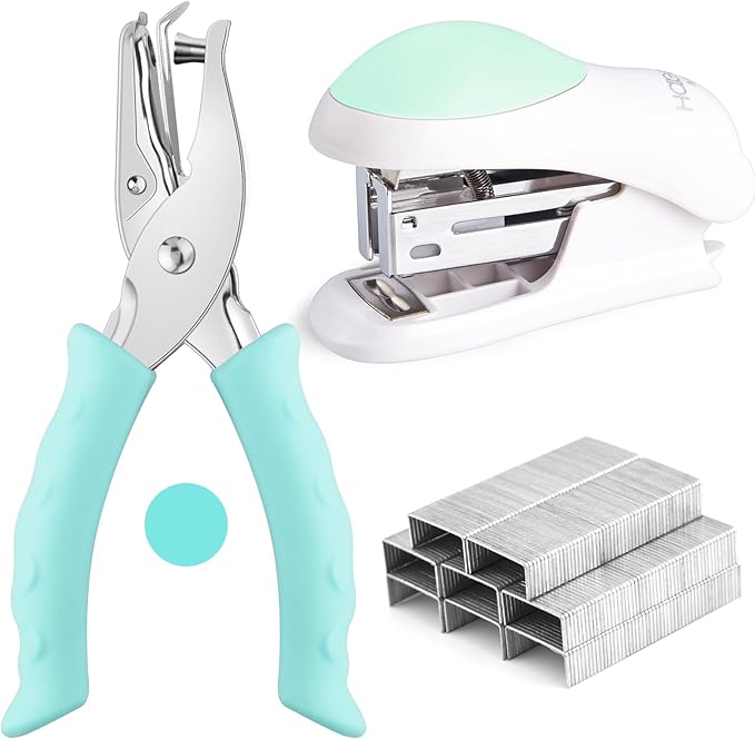 NEBURORA Green Mini Effortless Desktop Staplers with 400 Standard Staples Bundle Blue Single Hole Puncher Metal with Soft-Handled