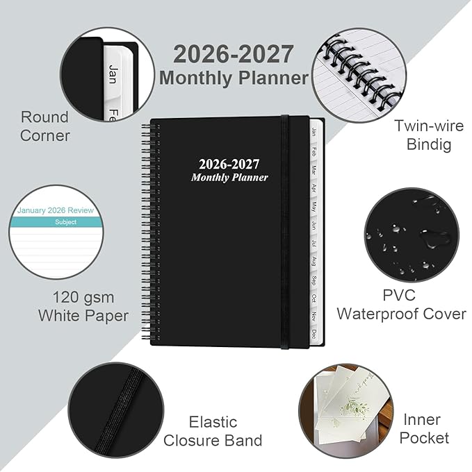 2026-2027 Monthly Planner - 18 Monthly Calendar, January 2026 - June 2027, Two Pages Per Month, 9" x11" Planner with Tabs, Strong Twin-Wire Binding, Inner Pocket, Black