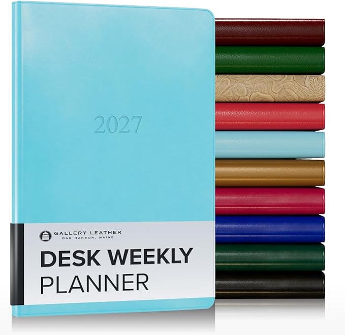 Gallery Leather Desk Weekly Monthly Planner 2027, Elegantly Bound Calendar Planner and Notebook with Stylish Gold-Gilded Page Edges, 12 Months - Acadia Pool - 8x5.5"