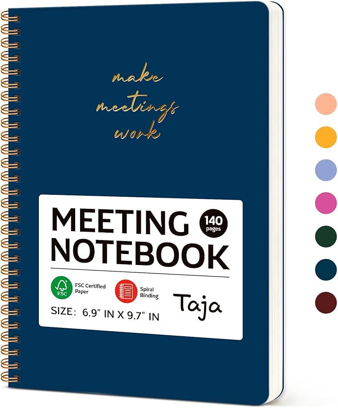 Meeting Notebook for Work Organization - Work notebook with action items, Meeting Minutes Planner Notebook, Perfect Office Supplies for Men & Women - Navy Blue