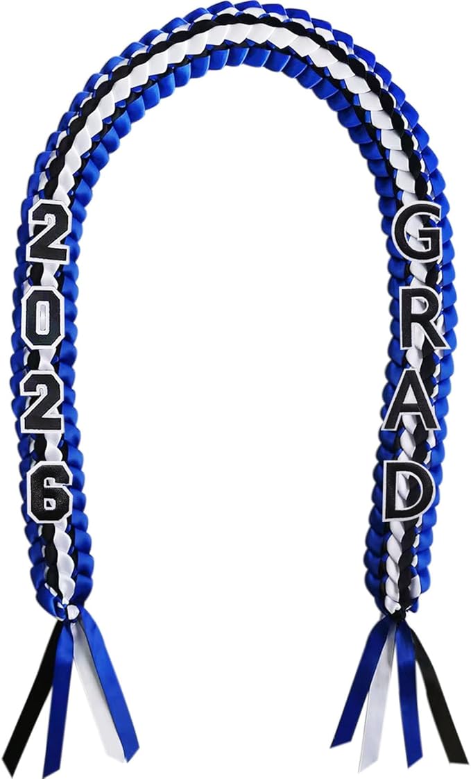Graduation Leis 2026 Money Ribbon Leis for Graduation Class of 2026 Braided 48inch Graduation Necklace for High School,College Graduation Party Gifts,Blue,White and Black