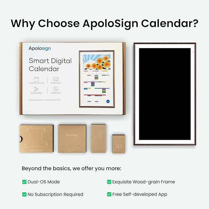 Apolosign 27-inch 4K Digital Calendar: Dual Mode Smart Wall Planner, No Subscription, Install Apps, Sync Calendars, Electronic Touchscreen Interactive Display for Family Schedules, Chore Chart - with Stand (Dark Oak)