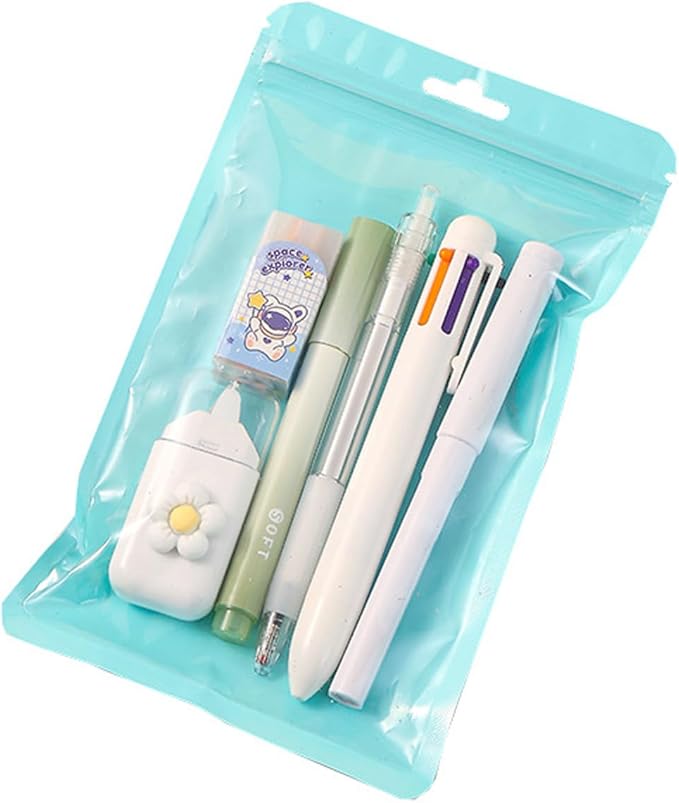 6Pcs Stationeries Set with Retractable Gel Pen Multicolored Pen Eraser Pencil Marker White Out Correction Tape Supplies