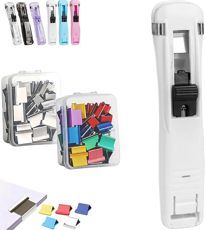 Portable Binder Clip Stapler - Includes 100 Reusable Clips, No Staples, No Holes,Push Clip Paper Clam Dispenser, Reusable Desktop Stapler for Document Home School (1-F)