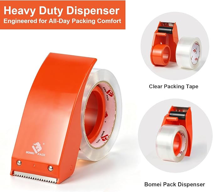 BOMEI PACK Heavy Duty Packing Tape with Dispenser 1.88'' x 66 YDs, Clear Box Tape for Packaging Shipping Moving Storage and Mailing, Strong Package Tape 3 Rolls + 1 Dispenser, Total 198 YDs