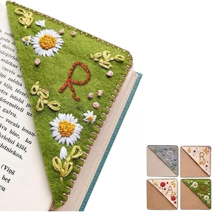 Personalized Hand Embroidered Corner Bookmark, 26 Letters Cute Flower Embroidered Corner Bookmark Embroidery Book Marker Clip for Book Lovers Bookmarks for Reading Lovers Meaningful GIF (Summer, R)