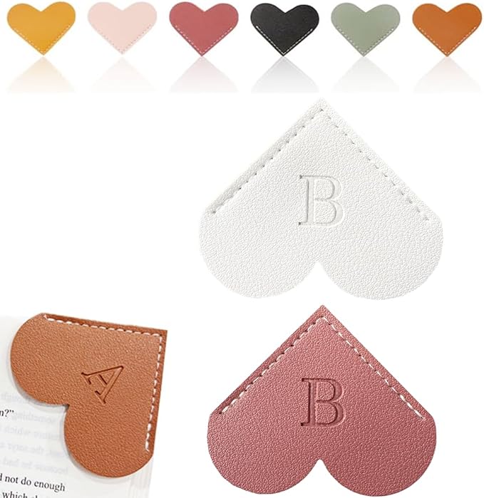 Personalized Leather Heart Bookmark, 26 Letters Customized Corner Book Mark for Reading Women, Book Marker with Initials，Cute Gifts (White+Deep Pink, B)