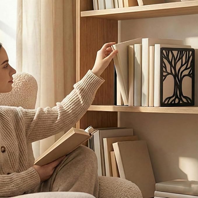 2 Pcs Black Bookends, Sturdy Metal Bookends for Shelves Decorative Book Organizer with Unique Tree Design for Home Library Office Desk