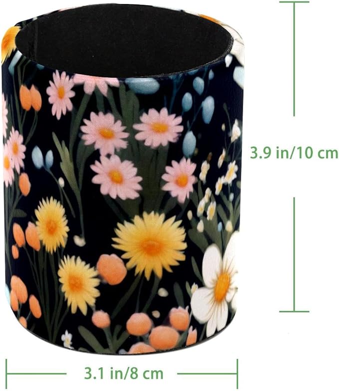 Pen Holder for Desk, Seamless Flowers Colorful Pattern Leather Pencil Cup for Desk, Round Pencil Holder Desk Organizer for Home, School, Office, Classroom