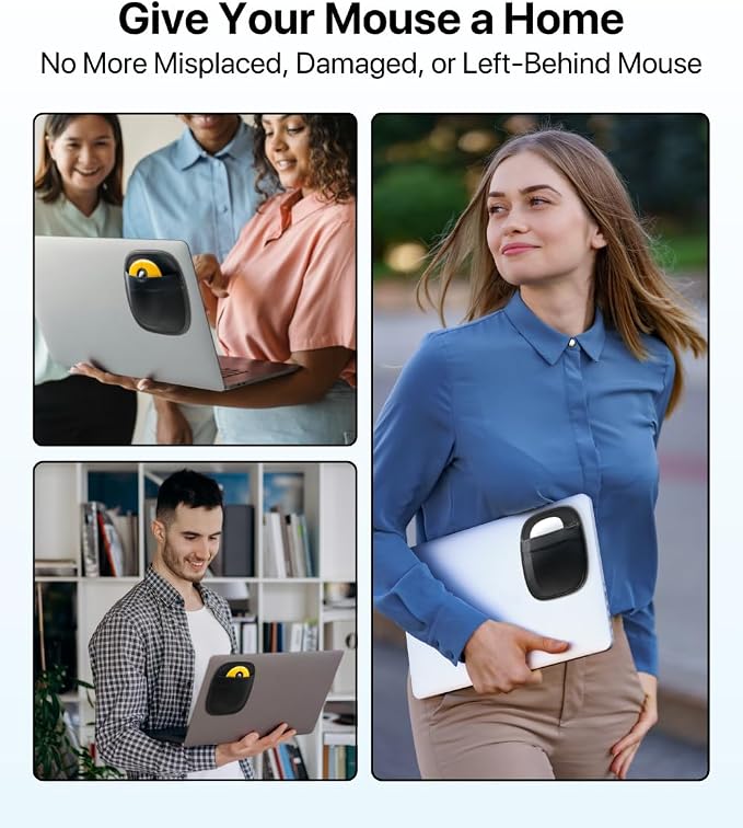 Stick-On Mouse Holder for Laptop, Adhesive Storage Pouch Compatible with Logitech Anywhere, Pebble & Pop, Magic Mouse 1 & 2, Black